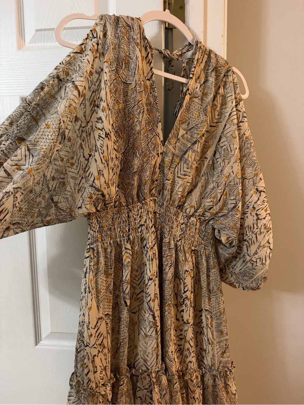 Neutral Printed V-Neck Smocked Waist Maxi Dress